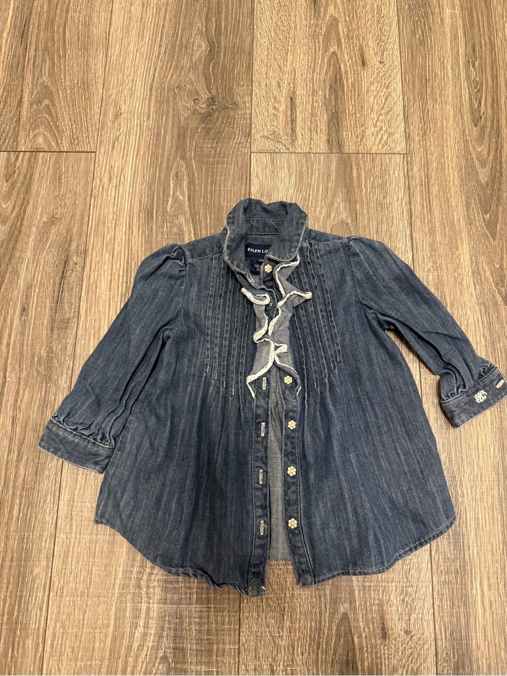 Ralph Lauren Baby Girl Denim Ruffle Button Down Daisy Bead Top Size 12M